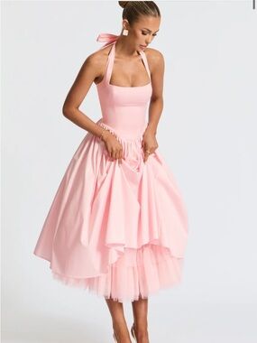 Pink Halter Midi Dress with Tulle Underskirt